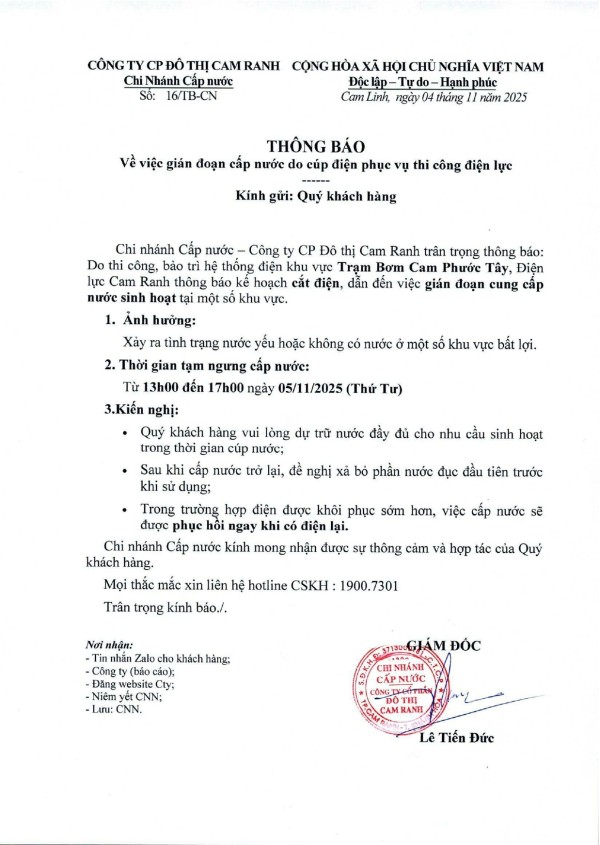 Thông báo v/v gián đoạn cấp nước do cúp điện phục vụ thi công điện lực