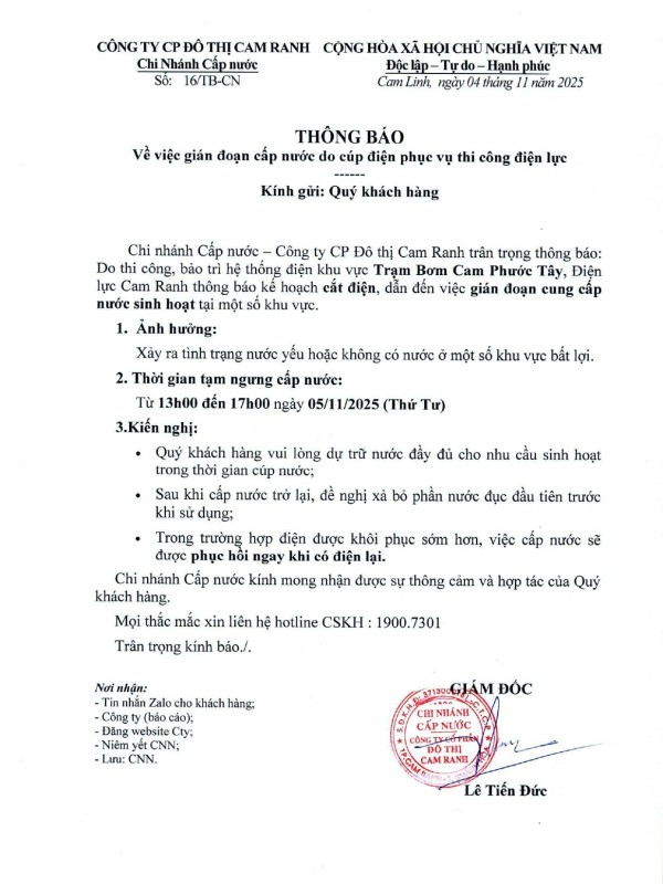 Thông báo v/v gián đoạn cấp nước do cúp điện phục vụ thi công điện lực