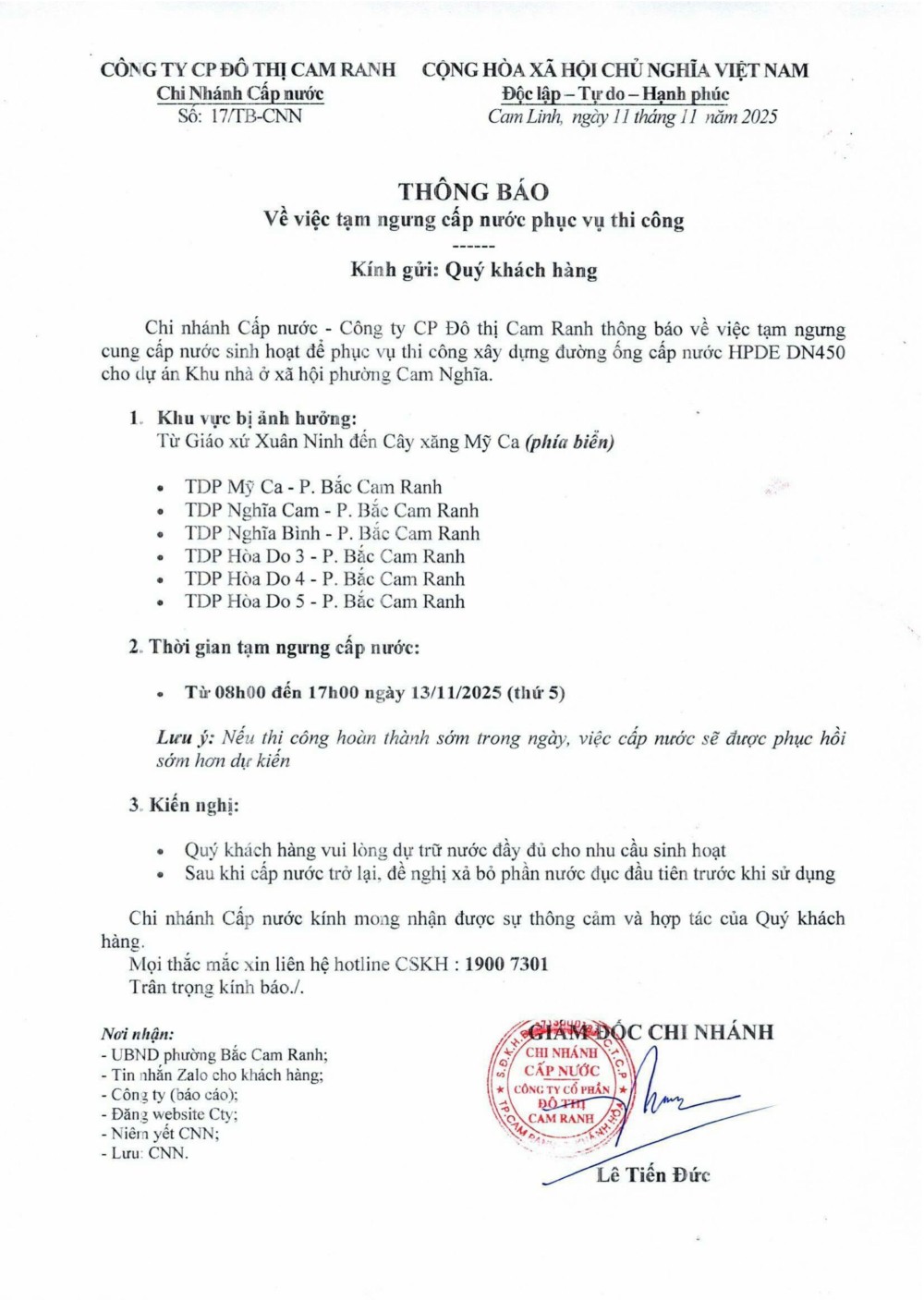 Thông báo v/v tạm ngưng cấp nước phục vụ thi công