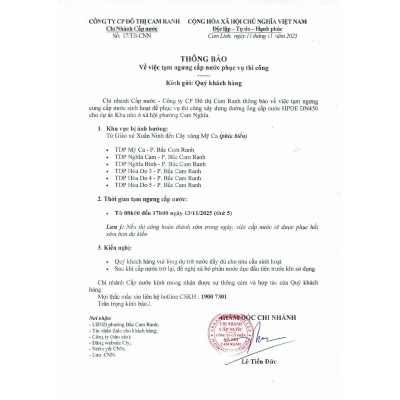 Thông báo v/v tạm ngưng cấp nước phục vụ thi công