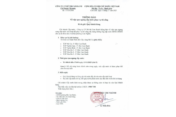 Thông báo v/v tạm ngưng cấp nước phục vụ thi công