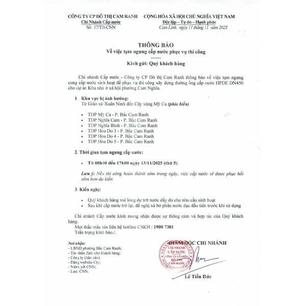 Thông báo v/v tạm ngưng cấp nước phục vụ thi công