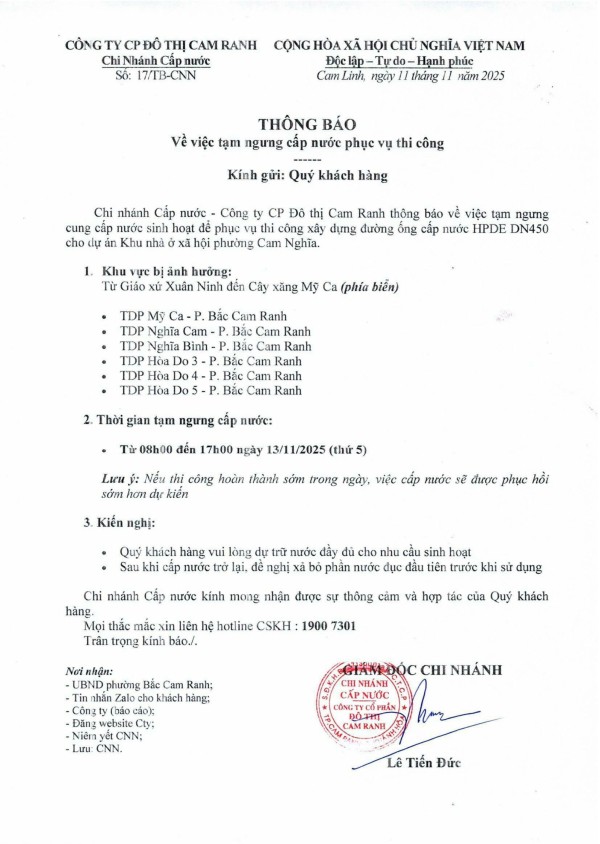 Thông báo v/v tạm ngưng cấp nước phục vụ thi công