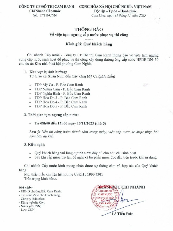 Thông báo v/v tạm ngưng cấp nước phục vụ thi công