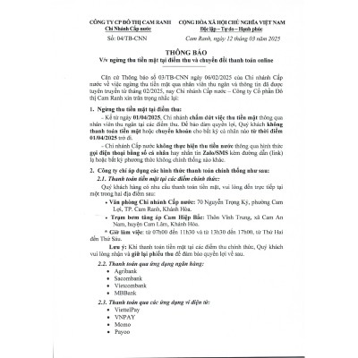 Thông báo v/v ngừng thu tiền mặt tại điểm thu và chuyển đổi thanh toán online