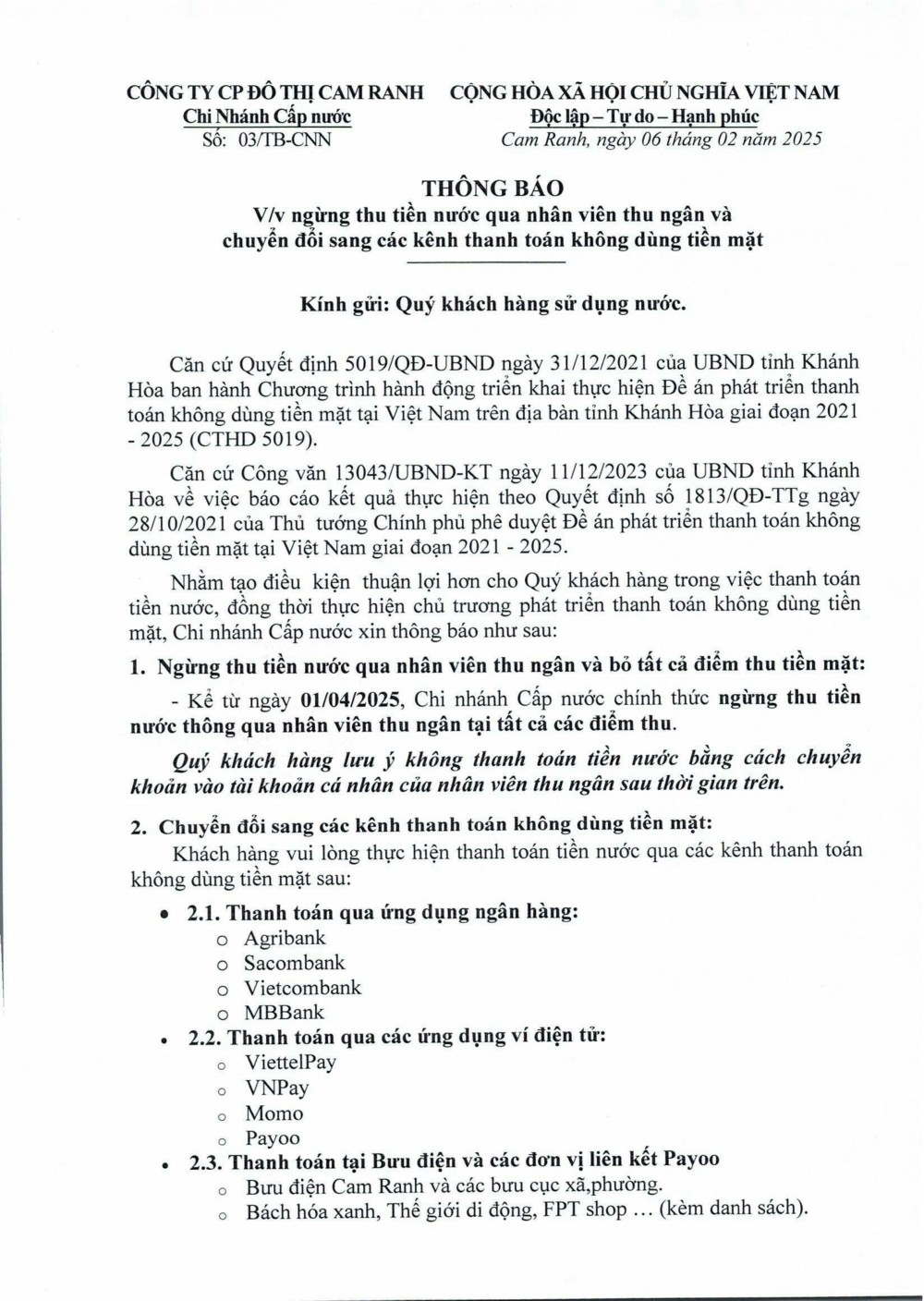 Thông báo v/v ngừng thu tiền nước qua nhân viên thu ngân và chuyển đổi sang các kênh thanh toán không dùng tiền mặt