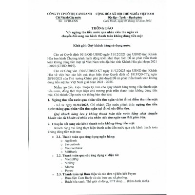 Thông báo v/v ngừng thu tiền nước qua nhân viên thu ngân và chuyển đổi sang các kênh thanh toán không dùng tiền mặt