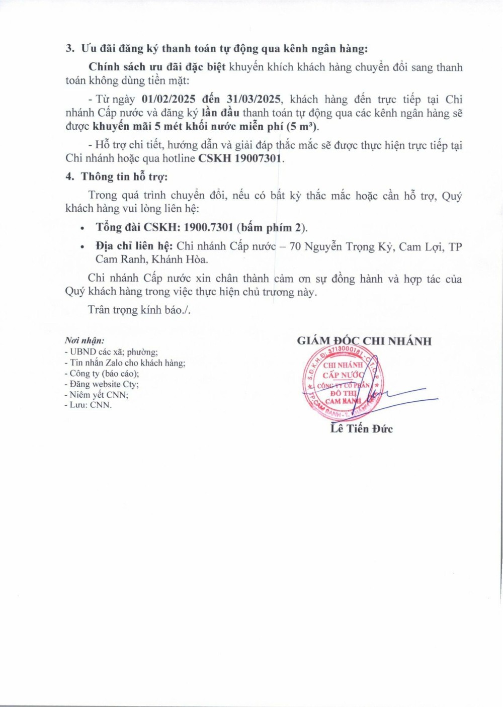 Thông báo v/v ngừng thu tiền nước qua nhân viên thu ngân và chuyển đổi sang các kênh thanh toán không dùng tiền mặt