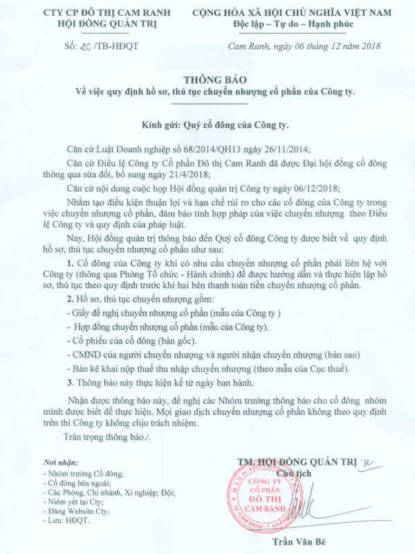 Thông báo V/v Quy định hồ sơ, thủ tục chuyển nhượng Cổ phần của Công ty
