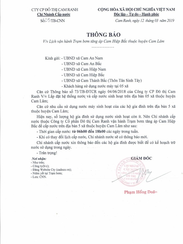 Thông báo V/v Lịch vận hành Trạm bơm tăng áp Cam Hiệp Bắc thuộc huyện Cam Lâm