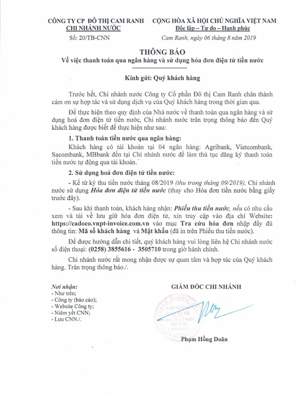 Thông báo V/v thanh toán qua ngân hàng và sử dụng hóa đơn điện tử tiền nước