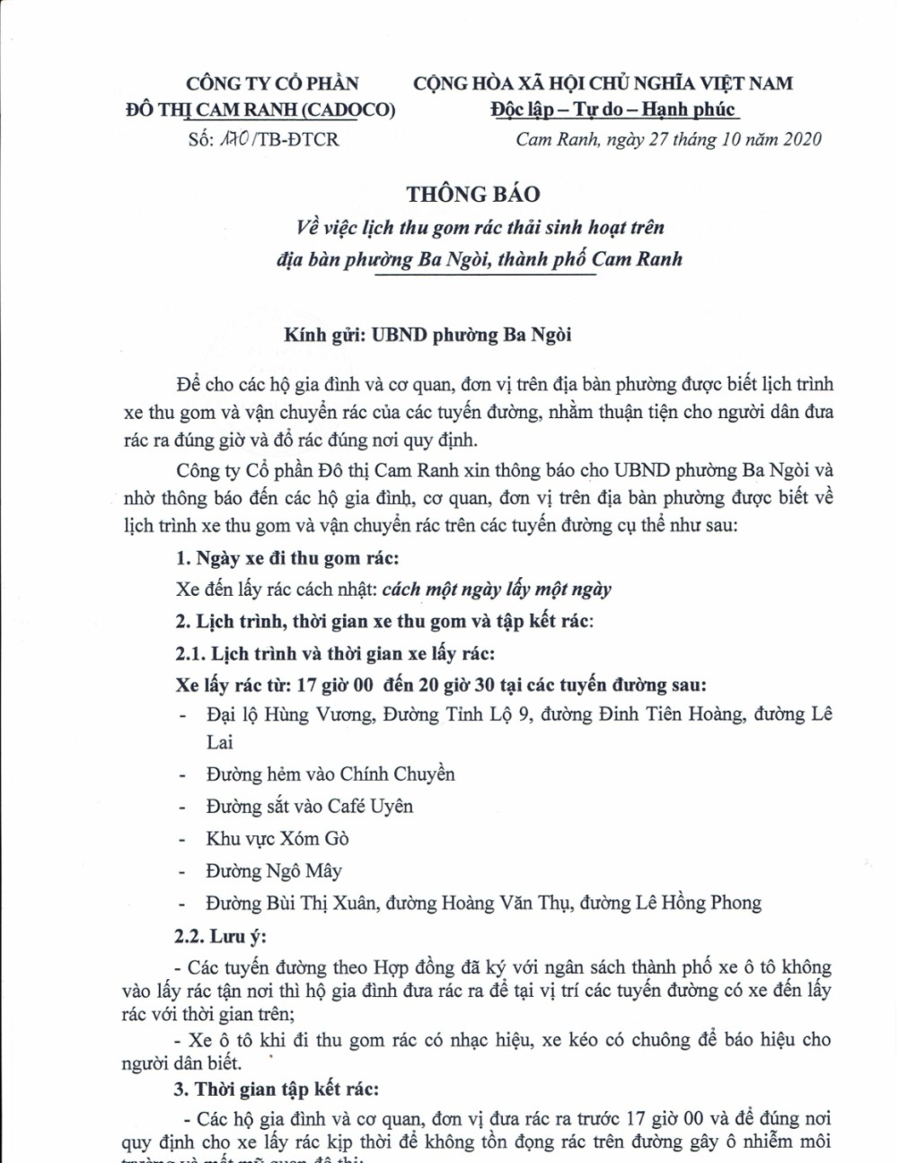 Thông báo v/v Lịch thu gom rác thải sinh hoạt trên địa bàn phường Ba Ngòi, Tp. Cam Ranh