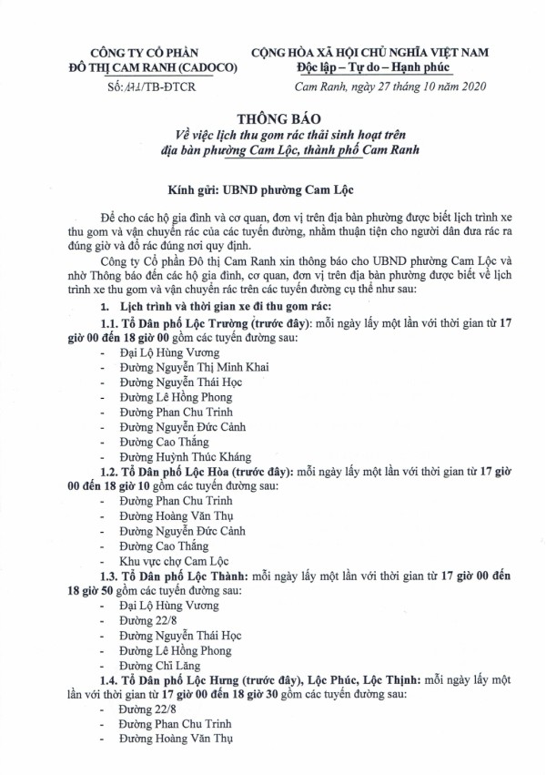 Thông báo v/v Lịch thu gom rác thải sinh hoạt trên địa bàn phường Cam Lộc, Tp. Cam Ranh