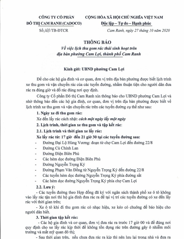 Thông báo v/v Lịch thu gom rác thải sinh hoạt trên địa bàn phường Cam Lợi, Tp. Cam Ranh