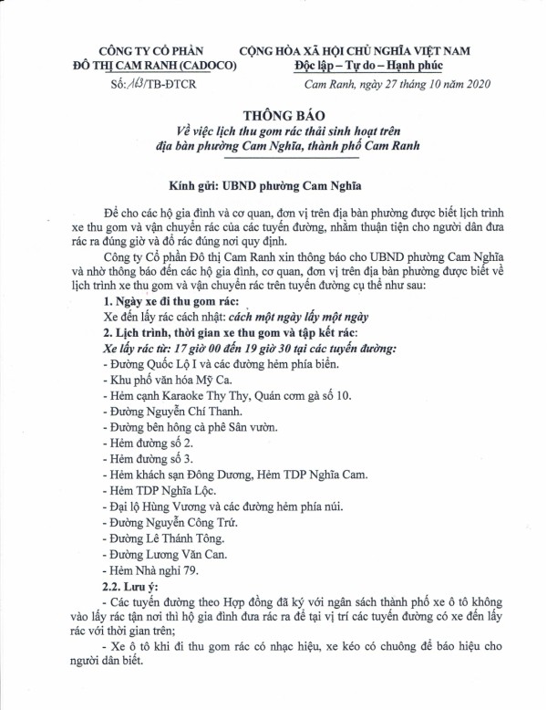 Thông báo v/v Lịch thu gom rác thải sinh hoạt trên địa bàn phường Cam Nghĩa, Tp. Cam Ranh