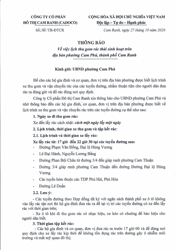 Thông báo v/v Lịch thu gom rác thải sinh hoạt trên địa bàn phường Cam Phú, Tp. Cam Ranh