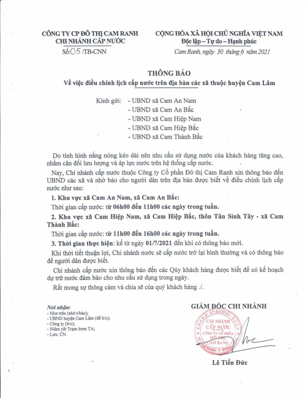 Thông báo v/v điều chỉnh lịch cấp nước trên địa bàn các xã thuộc Huyện Cam Lâm