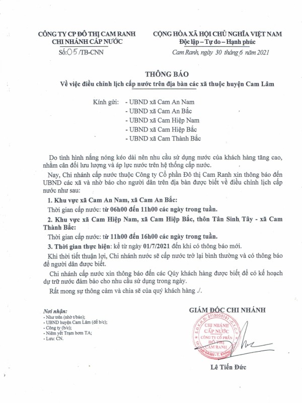 Thông báo v/v điều chỉnh lịch cấp nước trên địa bàn các xã thuộc Huyện Cam Lâm
