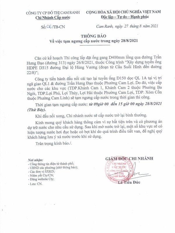 Thông báo v/vTạm ngưng cấp nước trong ngày 28/08/2021