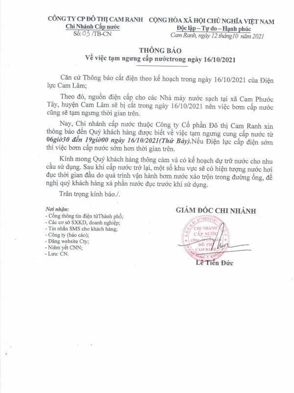 Thông báo v/v tạm ngưng cấp nước trong ngày 16/10/2021