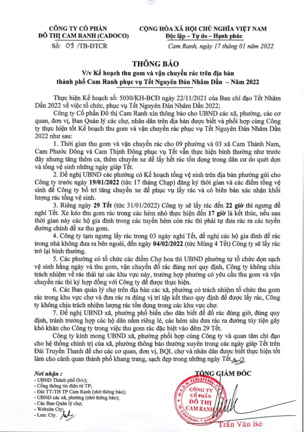 Thông báo v/v Kế hoạch thu gom và vận chuyển rác trên địa bàn Tp. Cam Ranh phục vụ tết Nguyên đán Nhâm Dần - Năm 2022