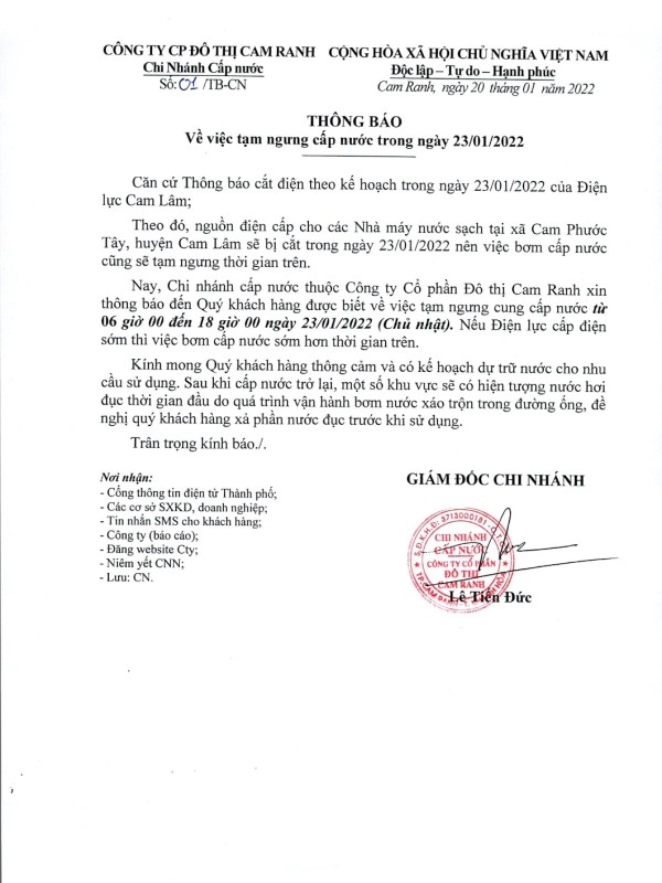 Thông báo v/v Tạm ngưng cấp nước trong ngày 23/01/2022