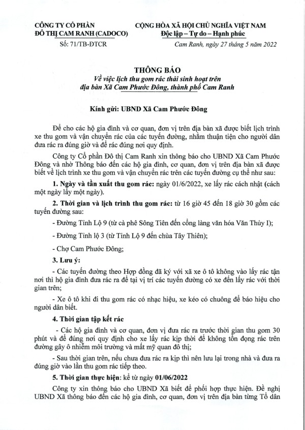 Thông báo v/v Lịch thu gom rác thải sinh hoạt trên địa bàn Tp. Cam Ranh