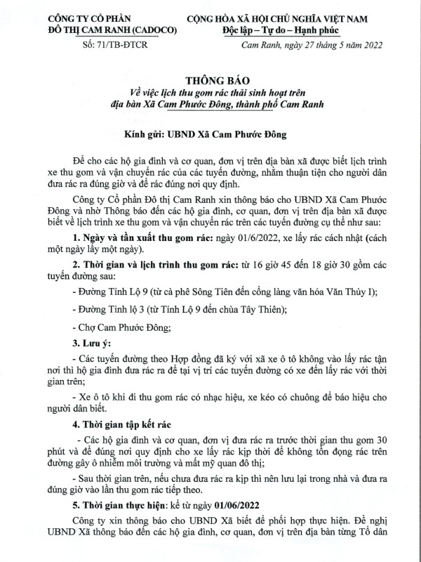 Thông báo v/v Lịch thu gom rác thải sinh hoạt trên địa bàn Tp. Cam Ranh