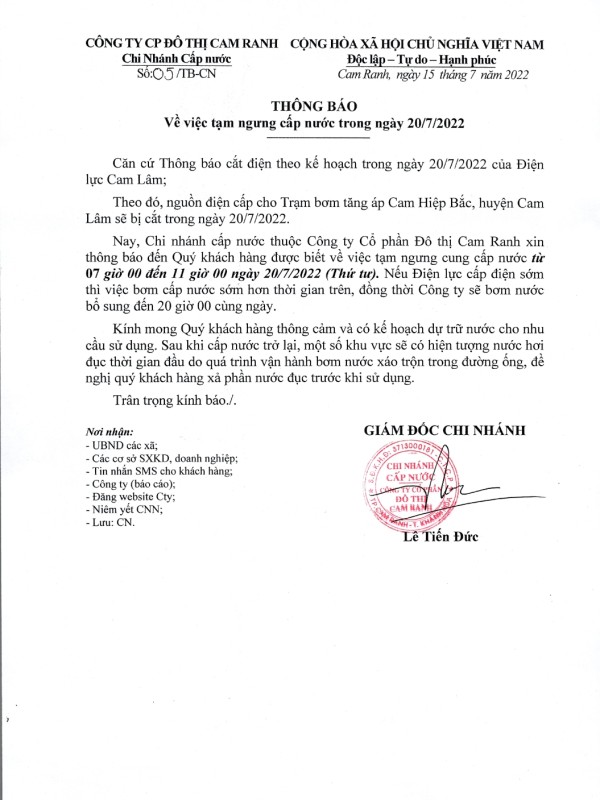 Thông báo v/v Tạm ngưng cấp nước trong ngày 20/07/2022