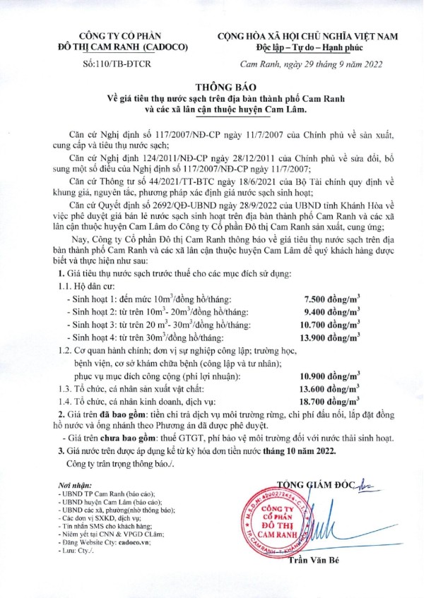 Thông báo giá tiêu thụ nước sạch trên địa bàn Thành phố Cam Ranh và các xã lân cận thuộc Huyện Cam Lâm