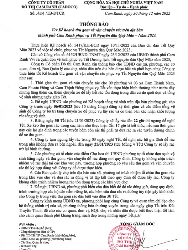 Thông báo V/v Kế hoạch thu gom và vận chuyển rác trên địa bàn thành phố Cam Ranh phục vụ Tết Nguyên đán Quý Mão - Năm 2023