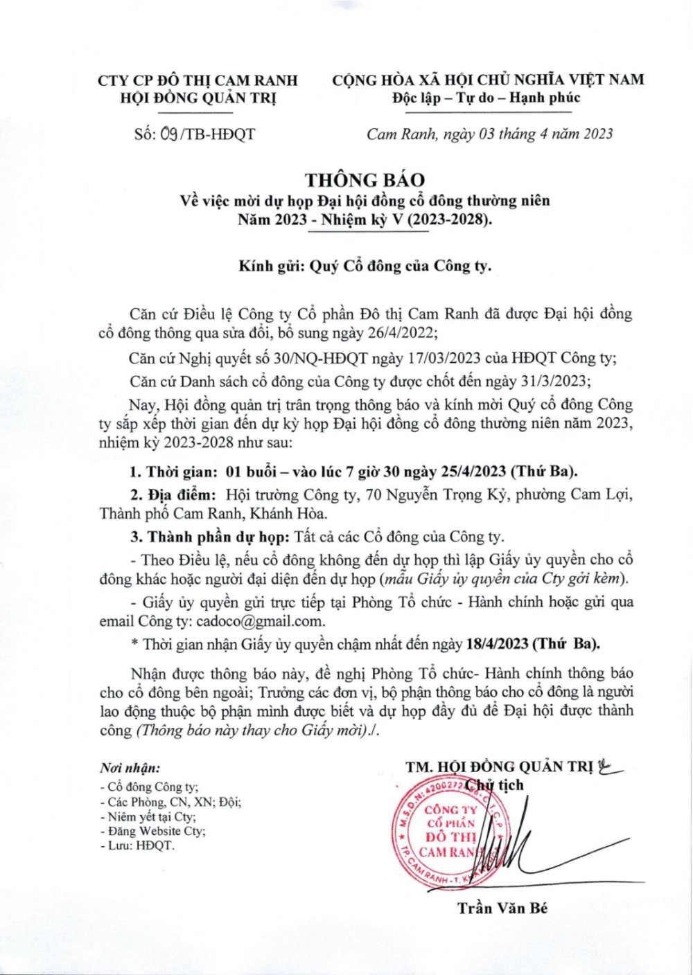 Thông báo v/v mời dự họp Đại hội đồng cổ đông thường niên Năm 2023 - Nhiệm kỳ V (2023-2028)