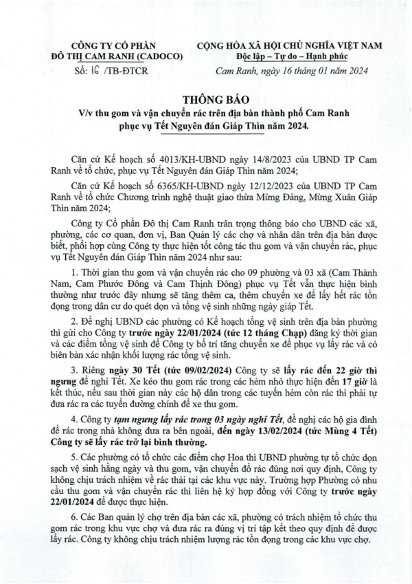 Thông báo v/v thu gom và vận chuyển rác trên địa bàn Thành phố Cam Ranh phục vụ Tết Nguyên đán Giáp Thìn năm 2024