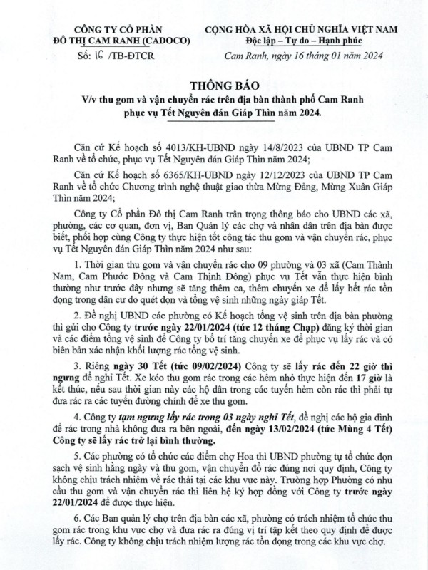 Thông báo v/v thu gom và vận chuyển rác trên địa bàn Thành phố Cam Ranh phục vụ Tết Nguyên đán Giáp Thìn năm 2024