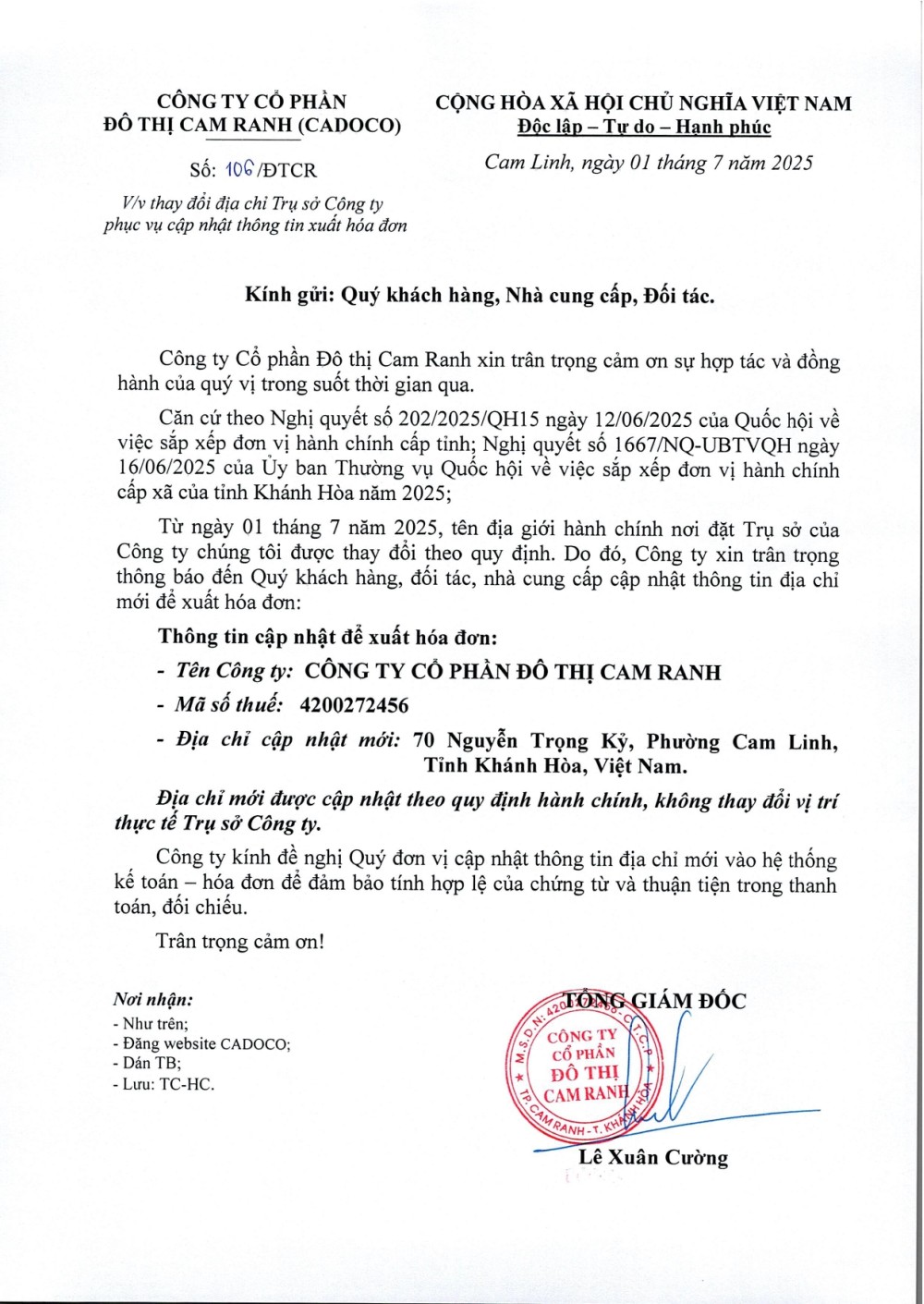 Thông báo thay đổi địa chỉ trụ sở công ty phục vụ cập nhật thông tin xuất hóa đơn