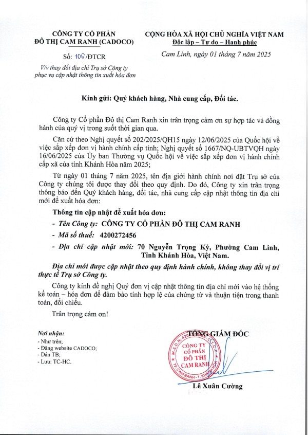 Thông báo thay đổi địa chỉ trụ sở công ty phục vụ cập nhật thông tin xuất hóa đơn