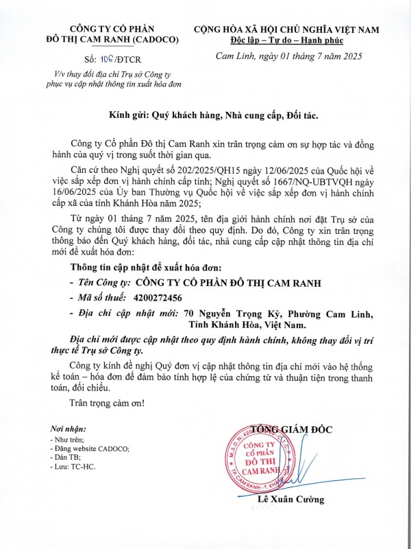 Thông báo thay đổi địa chỉ trụ sở công ty phục vụ cập nhật thông tin xuất hóa đơn